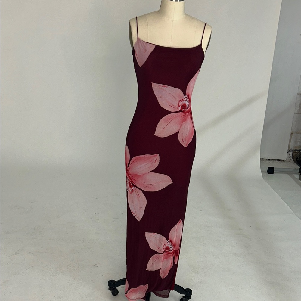 Elegant Burgundy Maxi Dress with Pink Floral Design